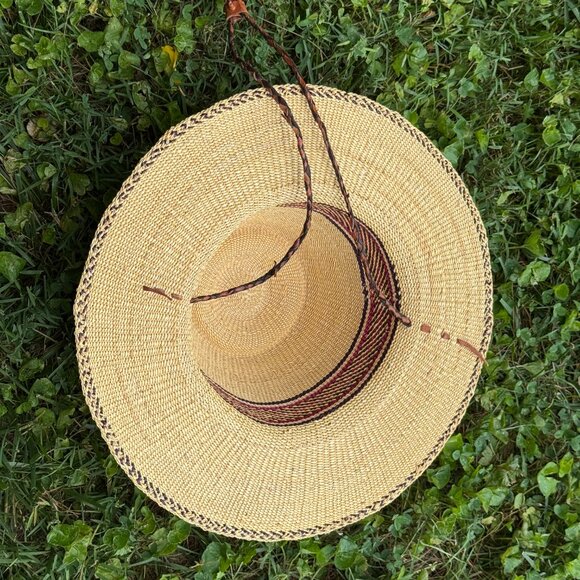 African Handwoven Elephant Grass Bolga Sun Hat Maroon Detail Leather Chinstrap - Picture 12 of 12